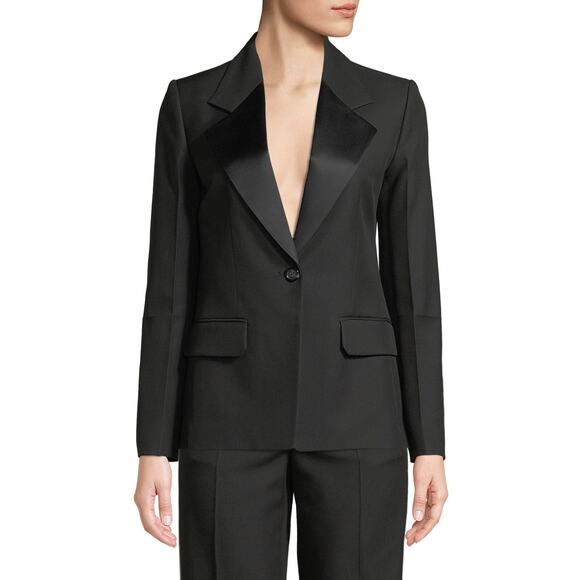 Helmut Lang Shiny Lapel One Button Canvas Tux Blazer Black Size 8 Classic Chic - Picture 1 of 16